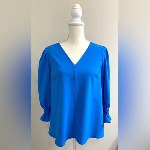 2 Hearts Womens S Solid Blue Ruffle Long Sleeve V-Neck Top Regencycore Feminine